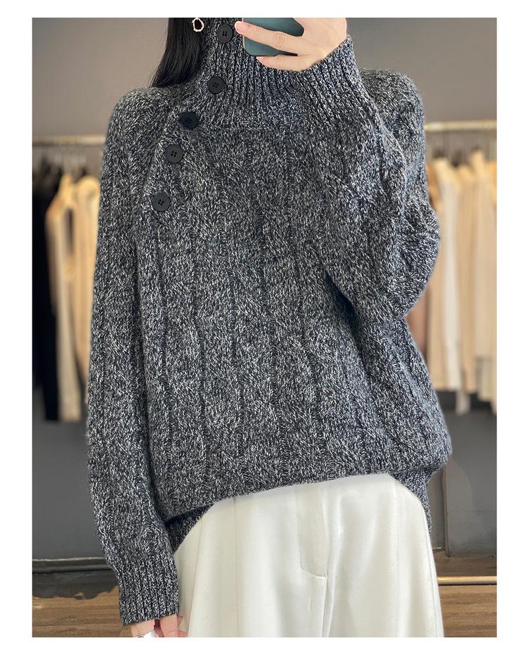 Mengyi 25 Autumn/Winter Women's High Neck Yarn-Dyed Wool Sweater with Side Buttons and Cable Knit Design.