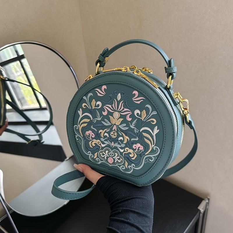 Vintažinė siuvinėta apvali rankinė per petį, rankinė su užtrauktuku, klasikinė, madinga, nišinė krepšys