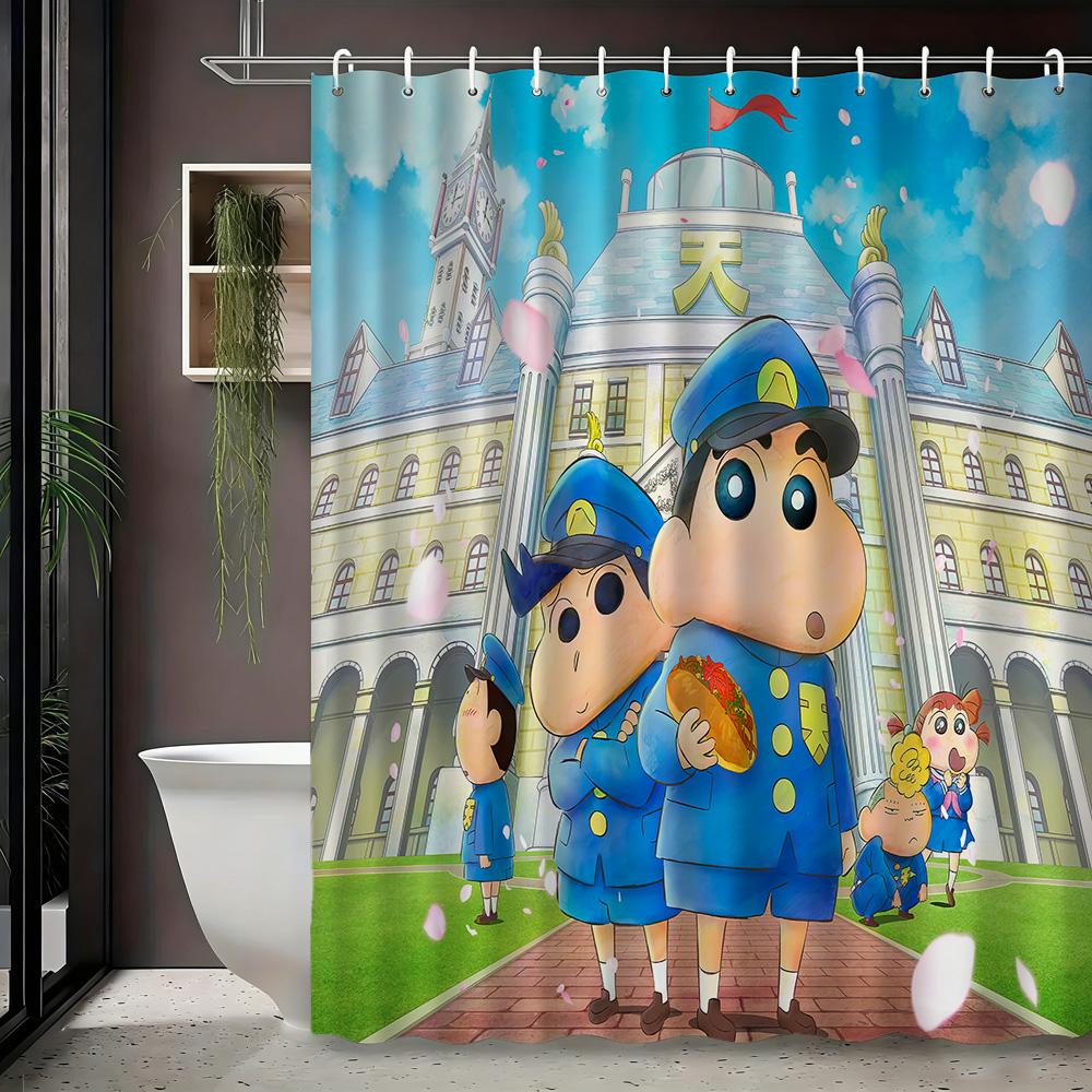 Crayon Shin-Chan & Himawari Superhero Press Conference Scene 2D Print Waterproof Shower Curtain, Blue Cityscape Bathroom Decor W