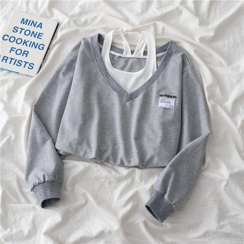 Chic Korean-Style Women's Sweatshirt - Fake Two-Piece Design, Perfect for Spring and Autumn Trends
