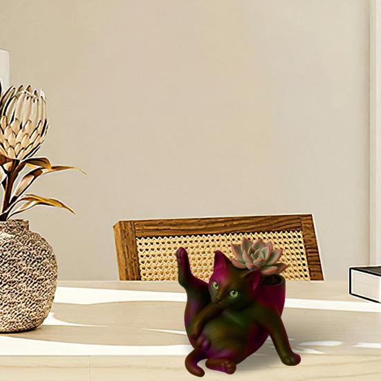 Flower Pot Grooming Cat Shape Planter Pot Stress-Relief Mood Booster Indoor Plant Pot Office Desk Decoration