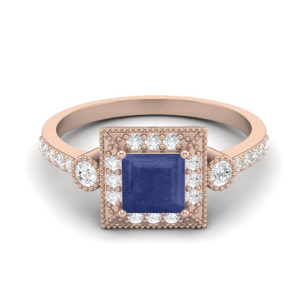 1.27 Cts Blue Sapphire Square Solitaire Accent 925 Sterling Silver Rose Vermeil Women Wedding Rings