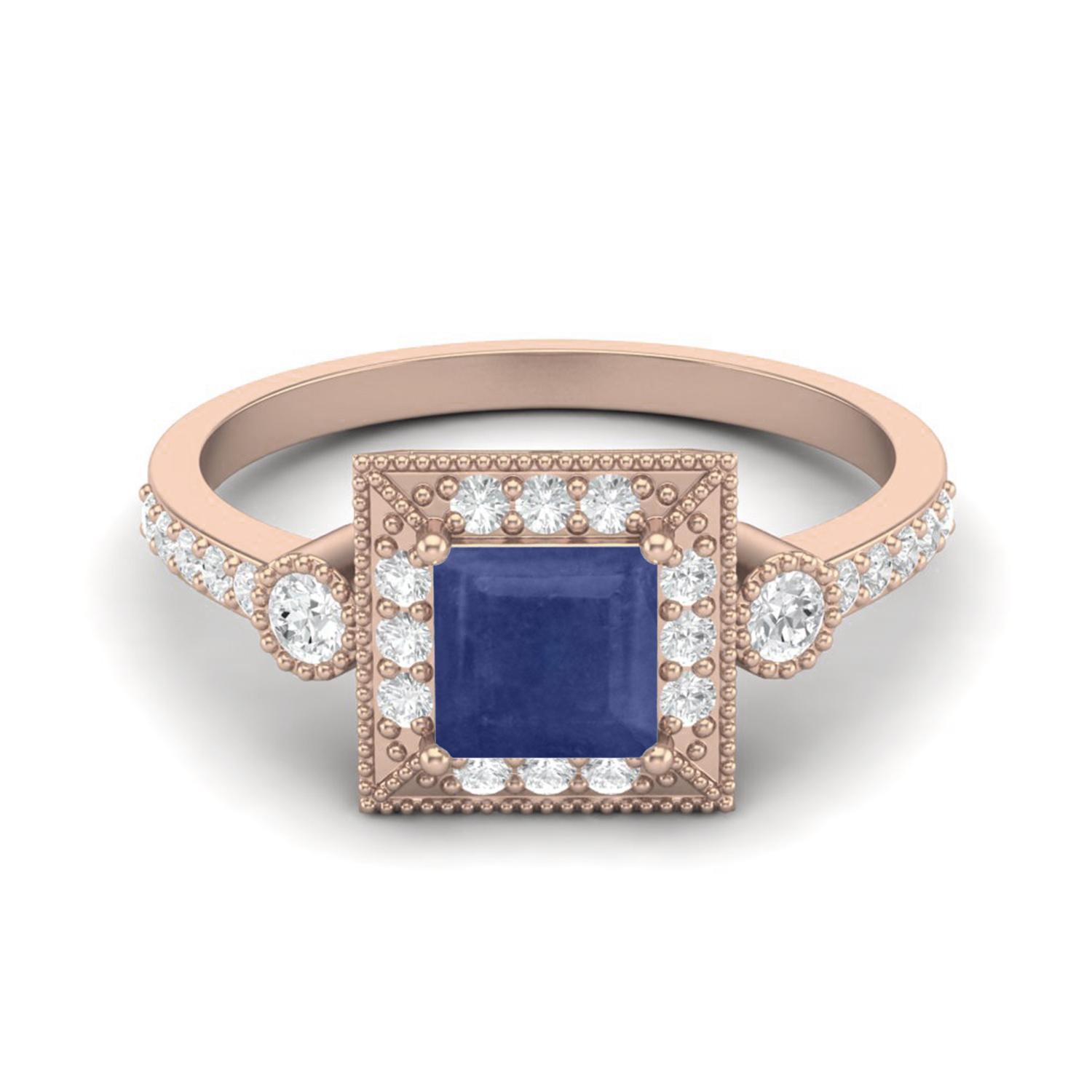 1.27 Cts Blue Sapphire Square Solitaire Accent 925 Sterling Silver Rose Vermeil Women Wedding Rings