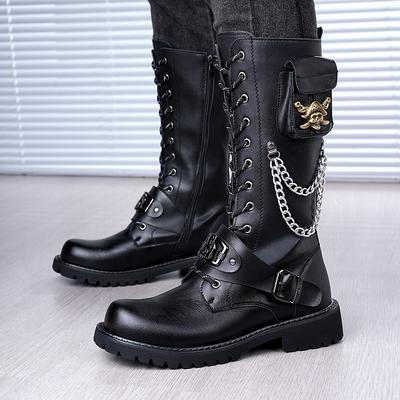 2025 Rockstövlar Höga herrskinnstövlar Dödskallekedja snörning cowboyboots Tjock sula trend scen Martin-kängor