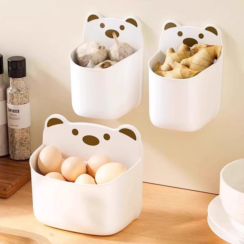 Wall-Mounted Blue Cartoon Bear Storage Box for Kitchen Essentials