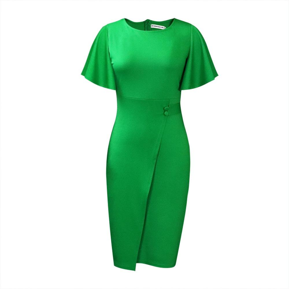 Women's Round Neck Flutter Short Sleeve Midi Dress Slim High Waist Solid Split Pencil Dress Polyester Spandex Elegant Office Bodycon Dress