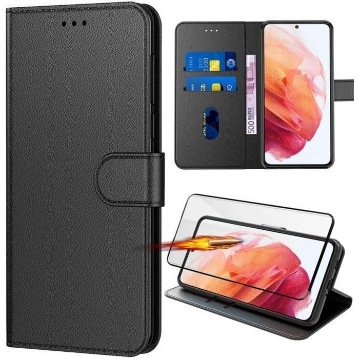 Coque Portefeuille - BOOLING - Samsung Galaxy S22 - Noir - Semi-rigide - Effet cuir - 6,2 pouce