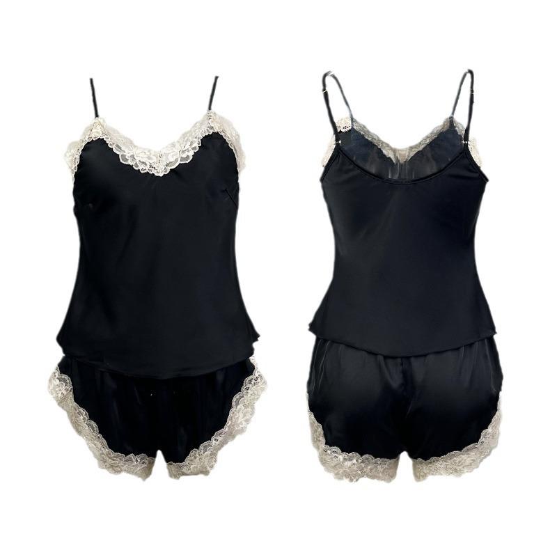 Lace lace suspenders shorts solid color suit summer loungewear sexy pajamas women