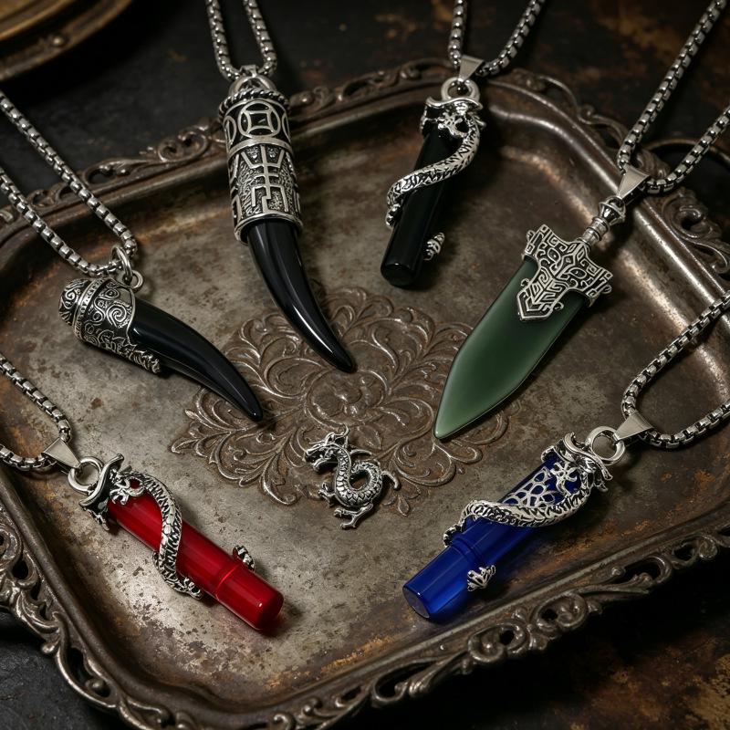 Hetian Green Jade Retro Sword Pendant: Exquisite Niche Ethnic Style Necklace Accessory