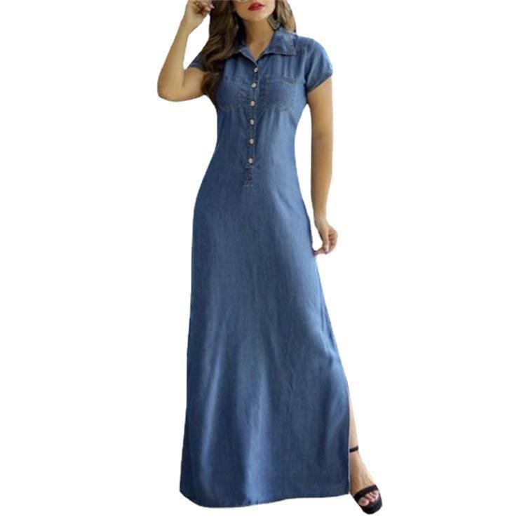 2022 European-American Casual Denim Maxi Dress with Shirt Collar, Slit Pockets, and Swing Skirt