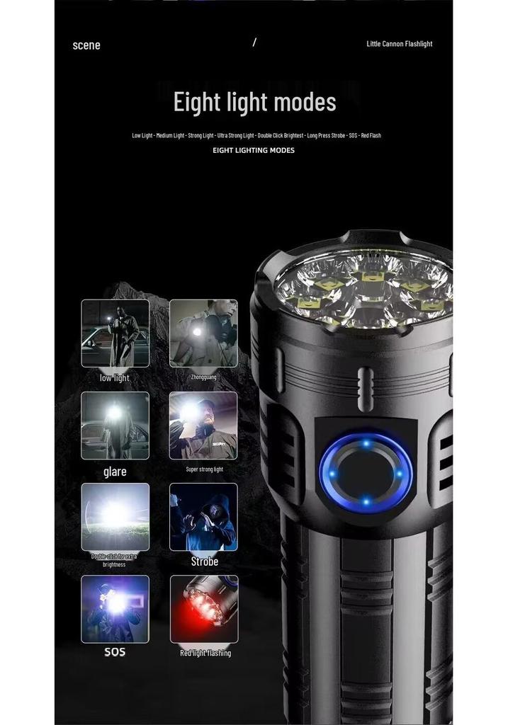 Rechargeable Ultra-Bright Eight-Eyed Monster Flashlight with Red Warning Light for Outdoor and Household Use