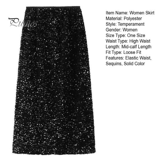 Solid Color Skirt Women Shiny Sequin Decoration Midi Elastic Soft Fabric High Waist Back Slit Design Beach Weddings Comfortable