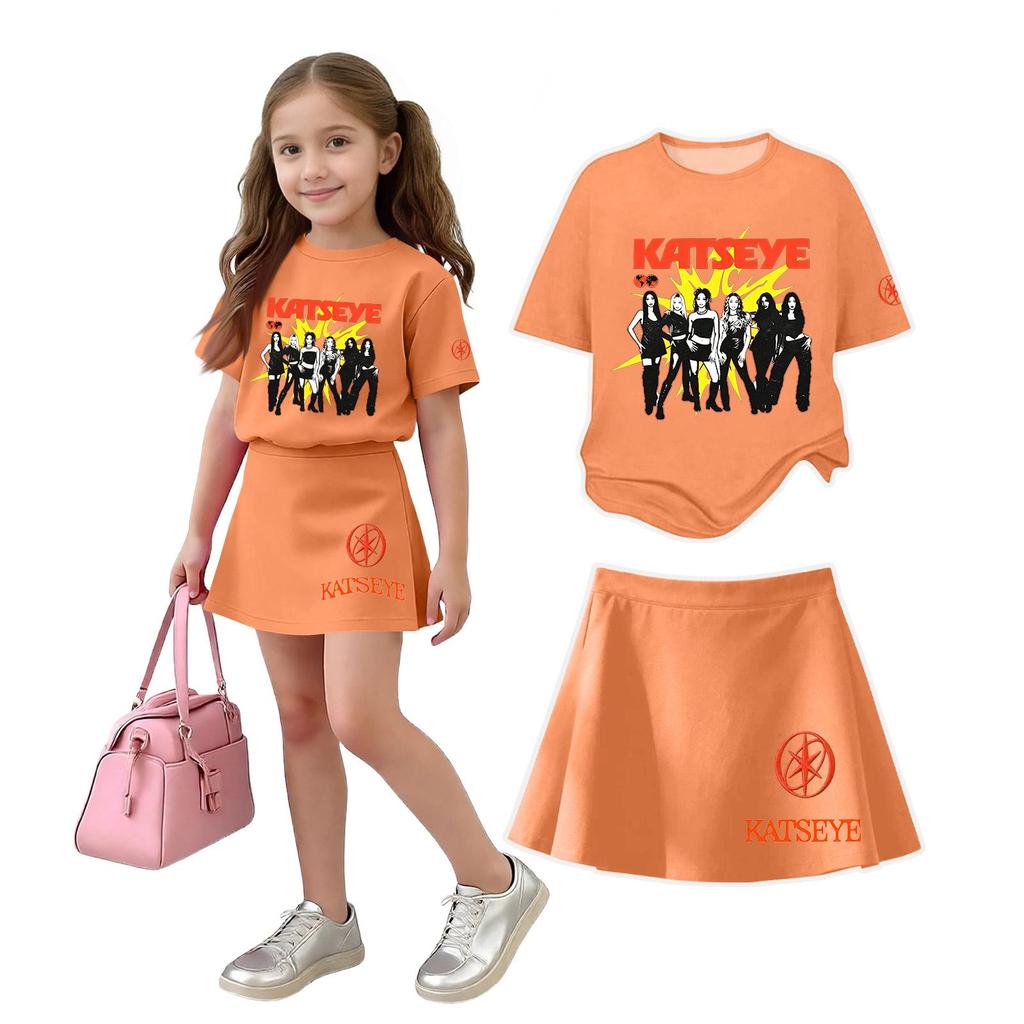 Girls Casual Loose Fit Short Sleeve Crew Neck T-Shirt and Skirt Set Lightweight Comfortable Soft Fabric Suitable for Everyday Wear