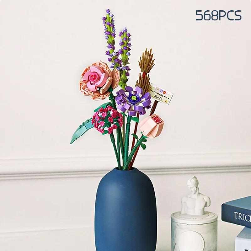 Romantic Rose Flowers Bouquet Building Blocks Sunflower Model Bricks Creative Desktop Decoration Kids DIY Toys Girls Gifts