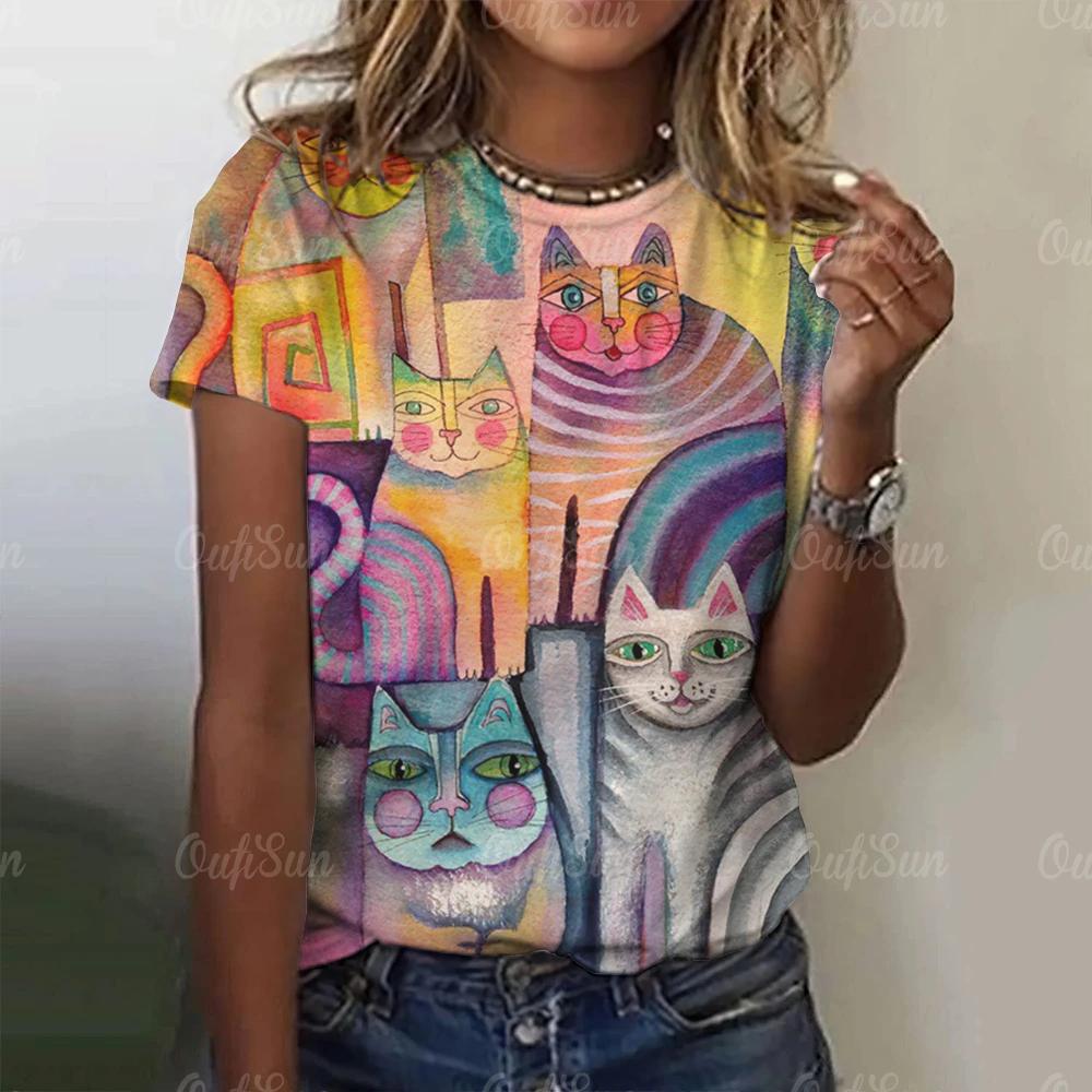 2025 Summer Women Cartoon T-shirt Cute Cat Printing Tops Tees Female Fashionable Short Sleeve Clothing Casual Stylish Outfit