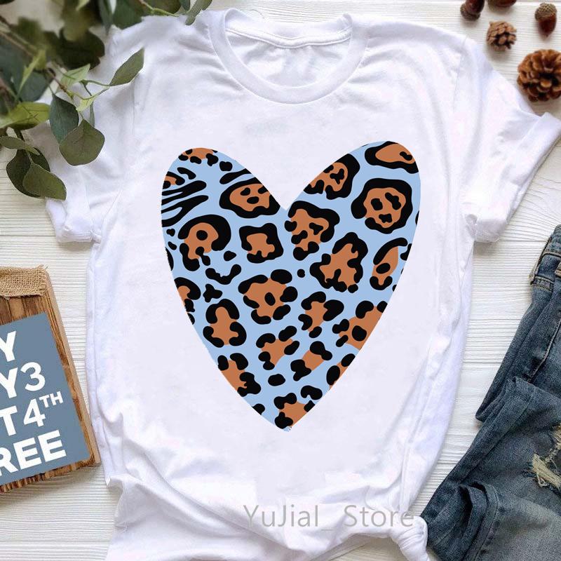 2025 Leopard Love Print T-Shirt Women Summer Fashion Tshirt Femme Harajuku Kawaii Clothes White Casual T Shirt Female