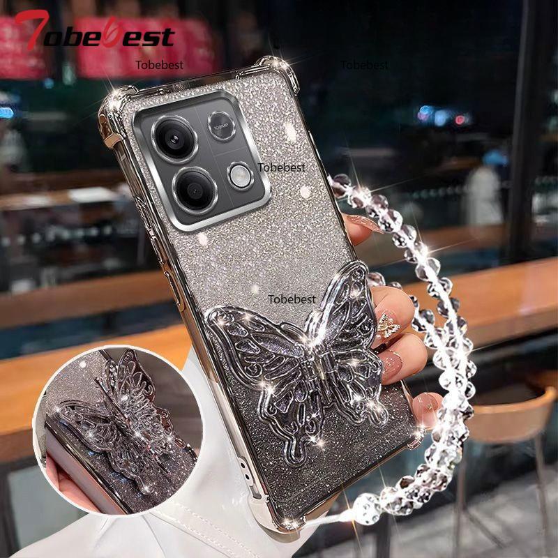 Shockproof Glitter Plating Case for Xiaomi Redmi Note 13 Pro Plus 13C 4G 5G 3D Butterfly Phone Holder Bead bracelet Back Cover