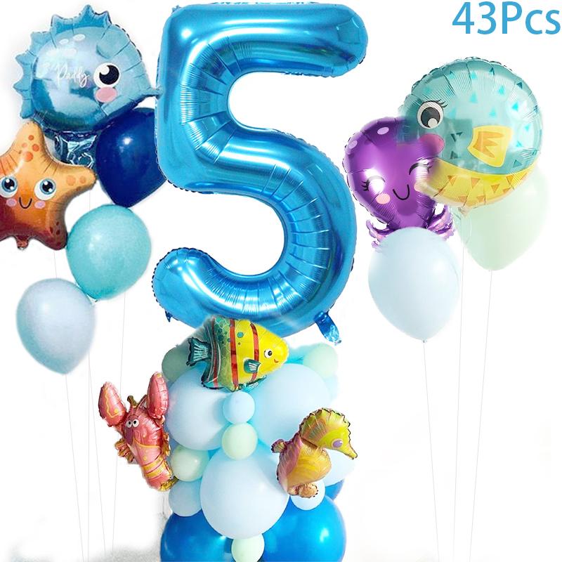 1-9 ani sub mare Balon cu animale de mare Decor de petrecere cu sirenă Baloane cu stele de mare Happy 1 2 3 ani Decor pentru ziua de naștere Lumea oceanului Baby Shower