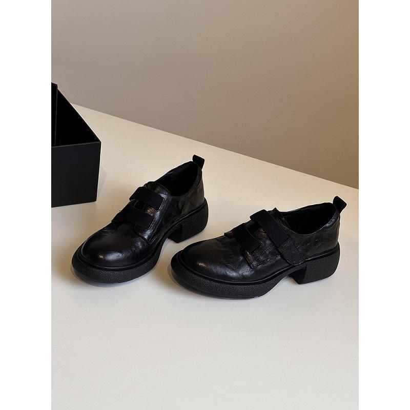 Sheepskin Version~ British Style Platform Velcro Loafers Women's One-pedal Leather Comfortable Thick Heel Silent Small Leather Shoes