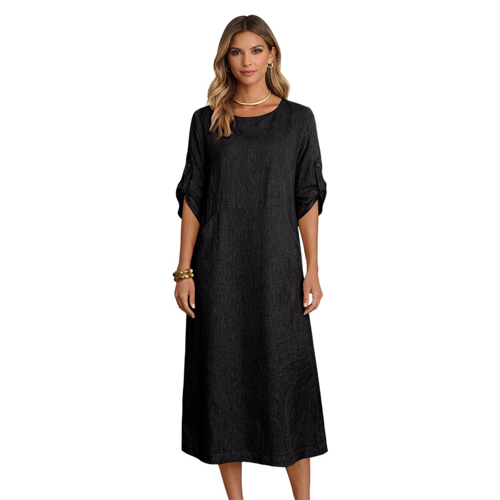 Modisches Damenkleid mit Rundhalsausschnitt, Farbe, locker, lässig, kurzärmelig, Tasche, Baumwolle und Leinen