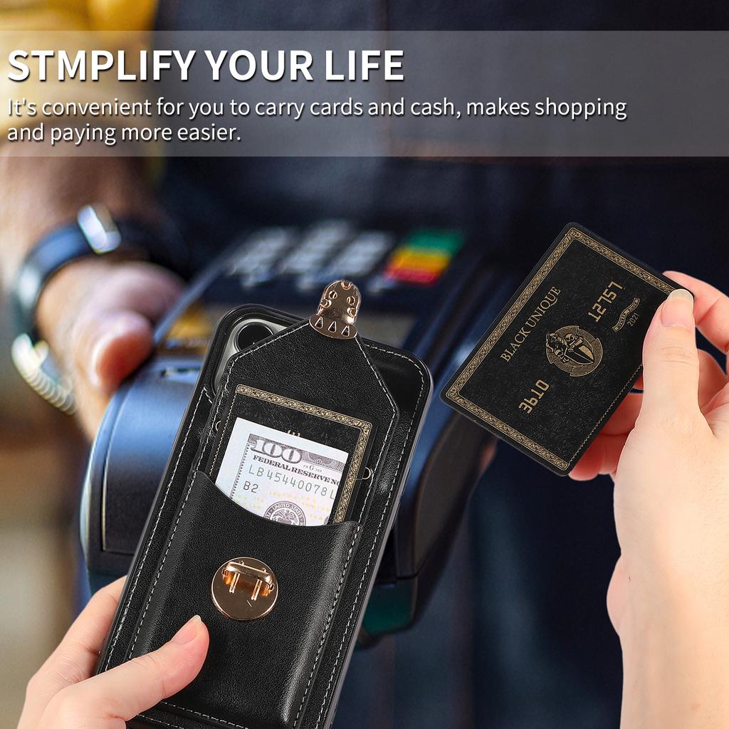 For iPhone 16 Pro Max Case Card Holder Kickstand PU Leather + TPU Phone Cover with Shoulder Strap