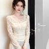 Sexy Pure Desire Style White Lace Sexy V-neck Hollow Bottoming Shirt Slim Fit Long-sleeved T-shirt A