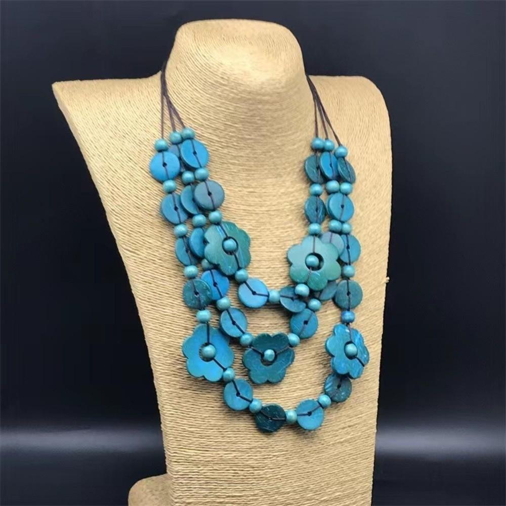 Retro Bohemian Maxi Multi Layer Wood Pendant Statement Choker Long Handmade Flower Collar