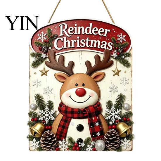 Vintage Style Seasonal Home Accents Christmas Wooden Hanging Sign, Rustic Holiday Wall Decor with Santa Claus Door Hanger Reindeer And Snowman