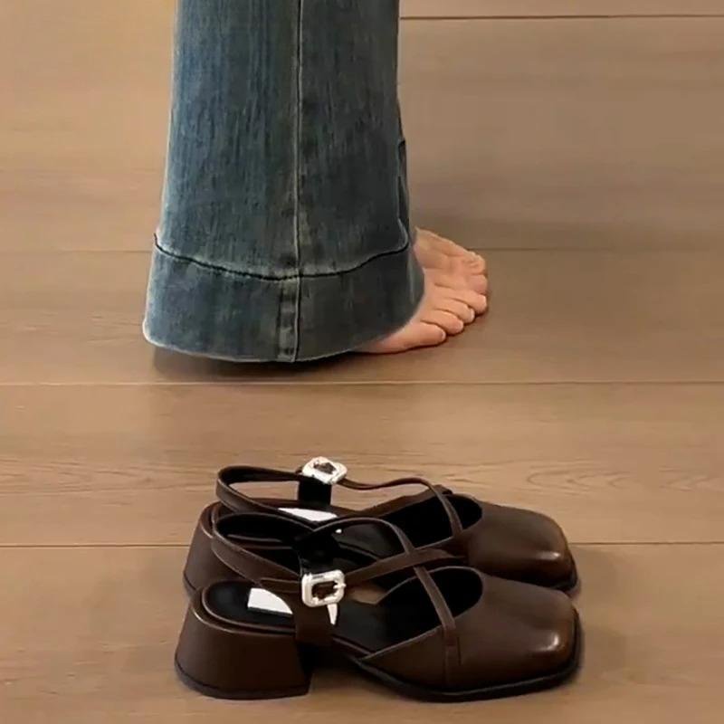 Designer Cover Toe Women Mary Jane Shoes Fashion Cross Buckle Singbacks Shoes 2025 Spring Female Thick Heel Shoes