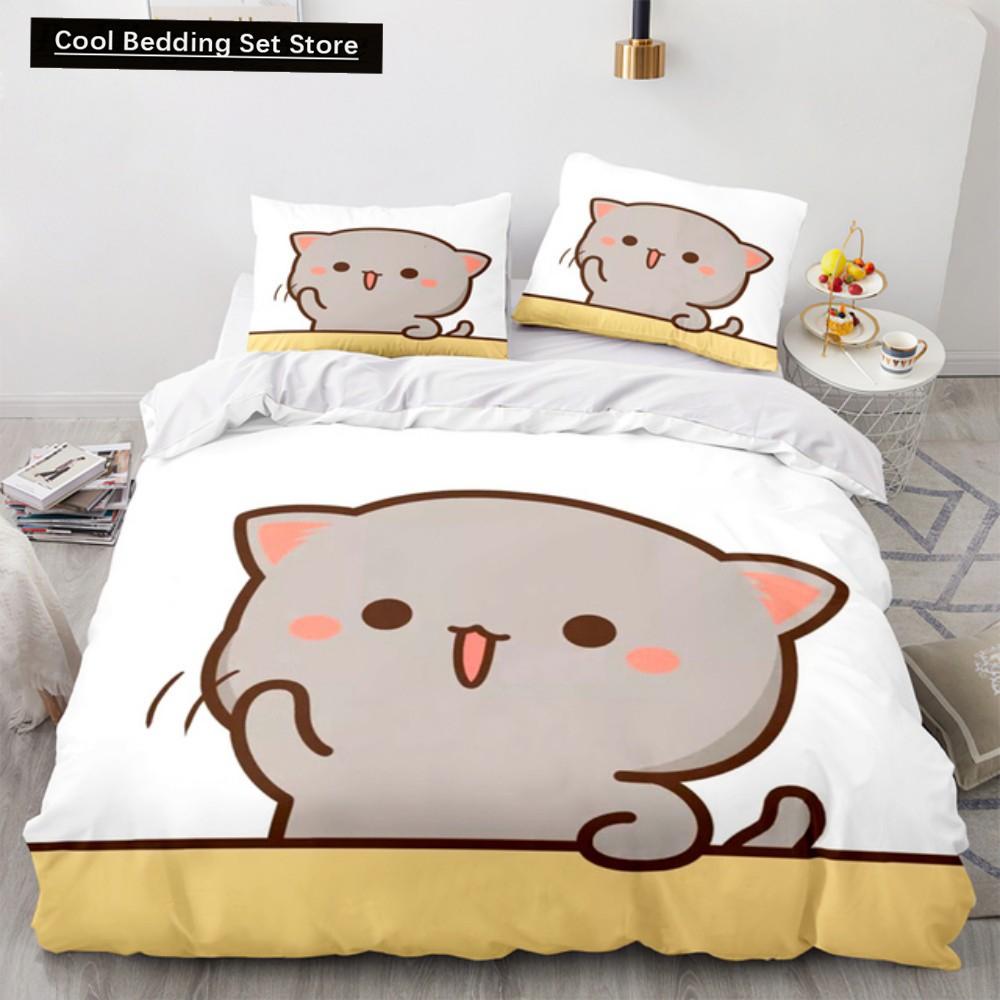 Lovely Peach Cat Bedding Set Cartoon Comforter Sets Double Queen King Twin Full Size Duvet Cover Set Kids Girls White Bed Linen