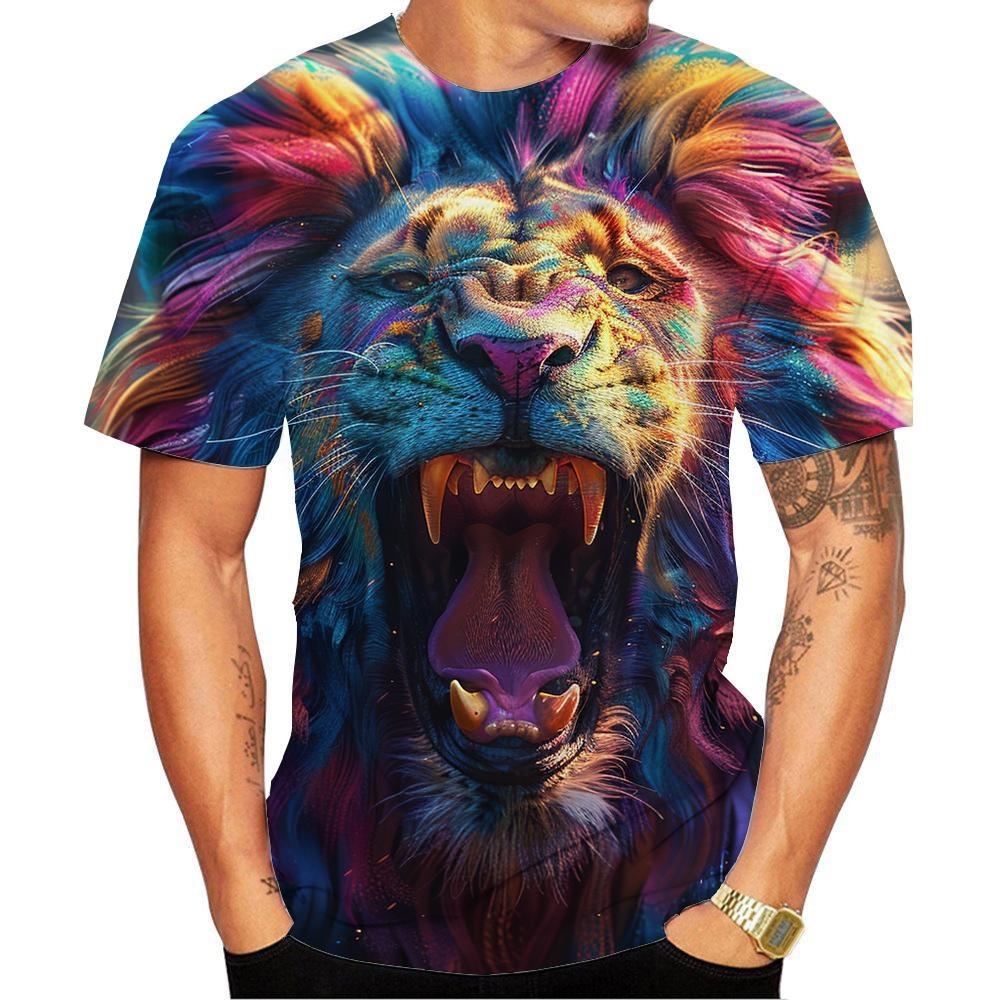 New Fashion Men's and Women's Crew Neck 3D HD Printing Colorful Lion 3D Print T-shirt Street Style T-shirt