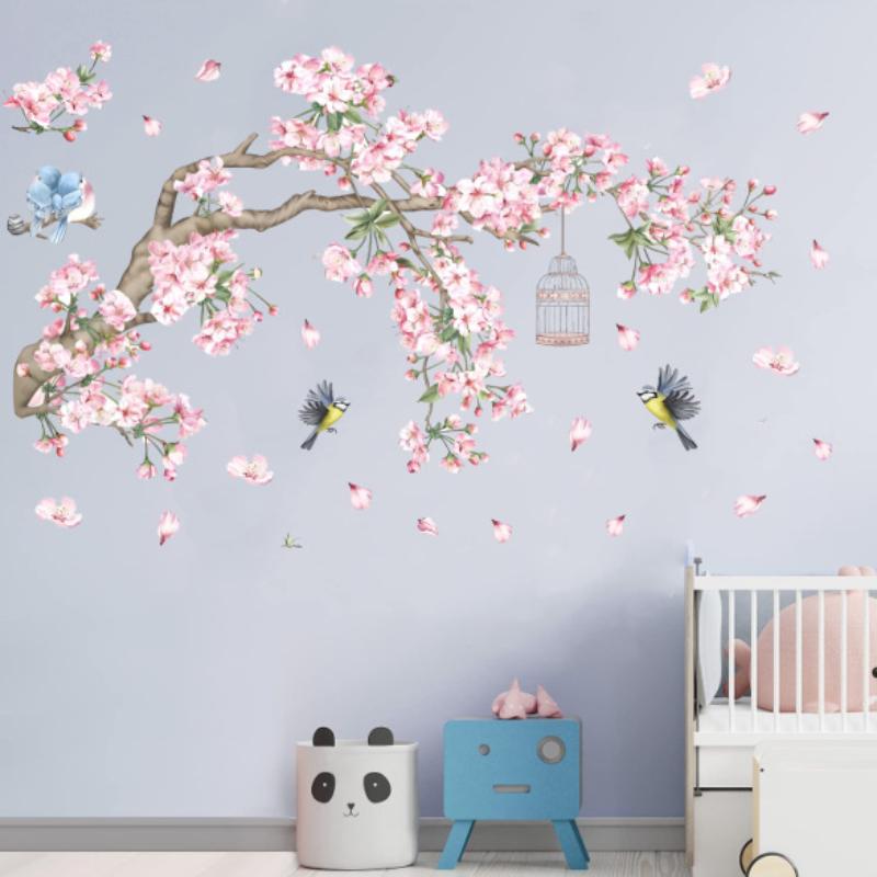 Ramo di Albero di Ciliegio Adesivi Murali Fiori Rosa Uccelli Adesivi Murali Camera da Letto Soggiorno Divano TV Sfondo Decorazione Murale