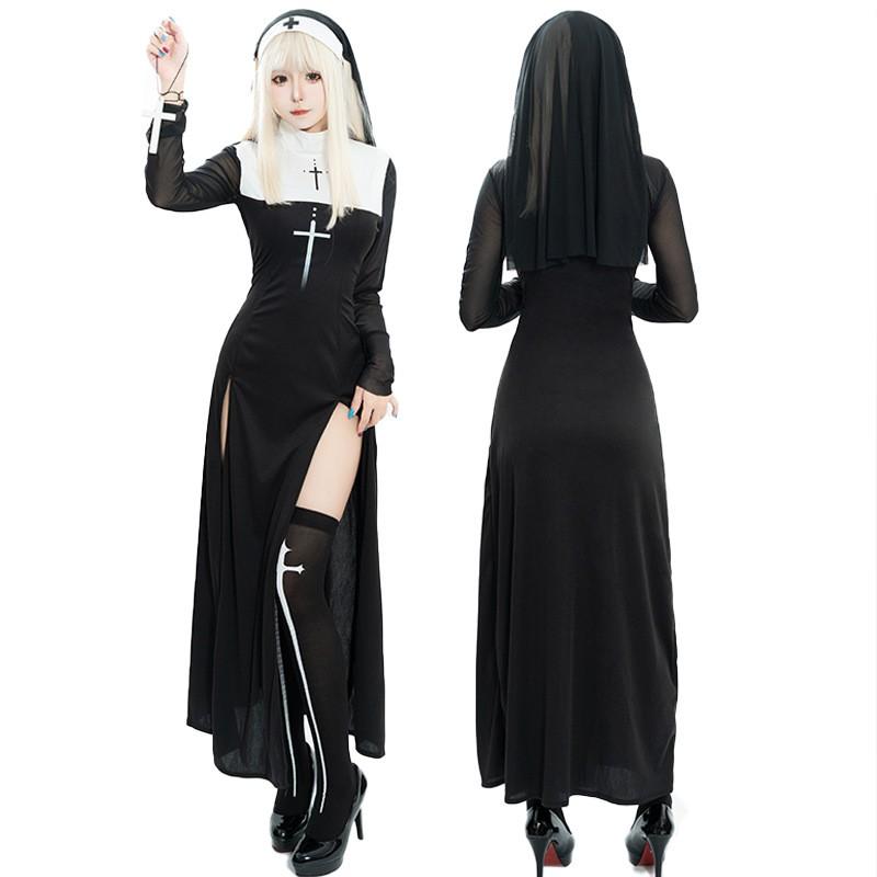 Sexy Nonnenkostüm Damen Halloween Cosplay Hexe Priesterin Bühnenauftritt Outfit Baumwollmischung S M L XL