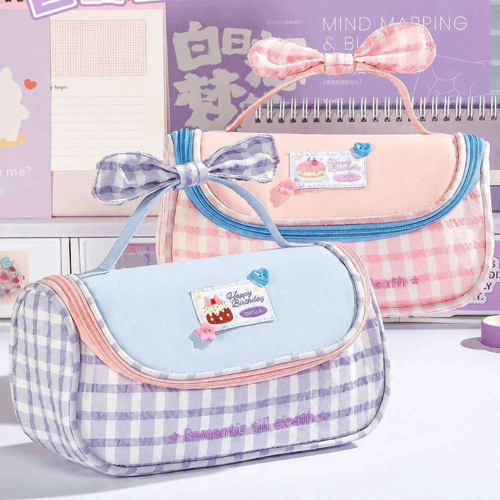 Gingham Print Stationery Bag Bow Handle Pencil Pouch Multi-Functional Pencil Case  Students
