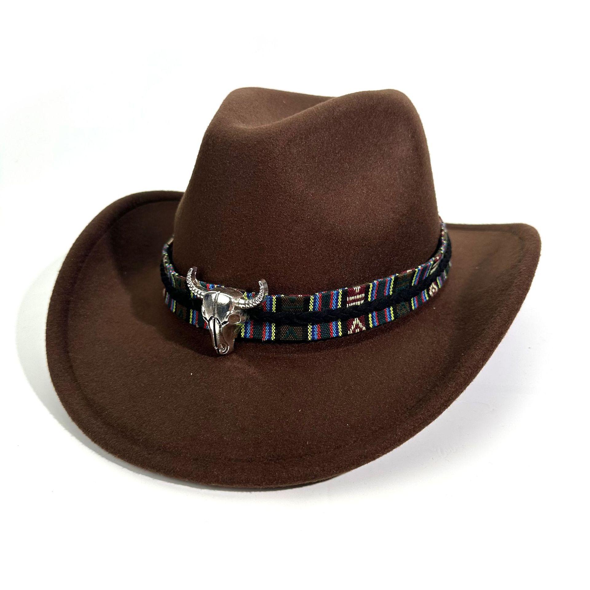 

European And American Style Western Cowboy Hat Cow Head Woolen Jazz Top Hat Men And Women S Ethnic Style Big-Brimmed Jazz Hat M（56-58cm） темно-коричневого кольору
