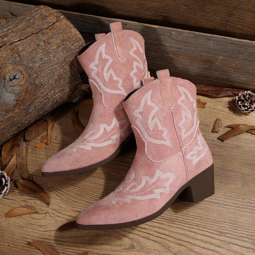 Fashion Pattern Boots Women 2025 Square Heel Pointed Toe Ankle Boots Woman Comfortable Faux Suede Booties Mujer