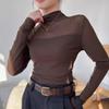 Jarné a jesenné elegantné základné tričko s polovičným vysokým golierom pre ženy, univerzálne, slim-fit, zoštíhľujúce tričko s dlhým rukávom