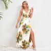 V-neck floral dress, women's summer slim-fitting split-ended long dress, temperament, celebrity style skirt, advanced sense