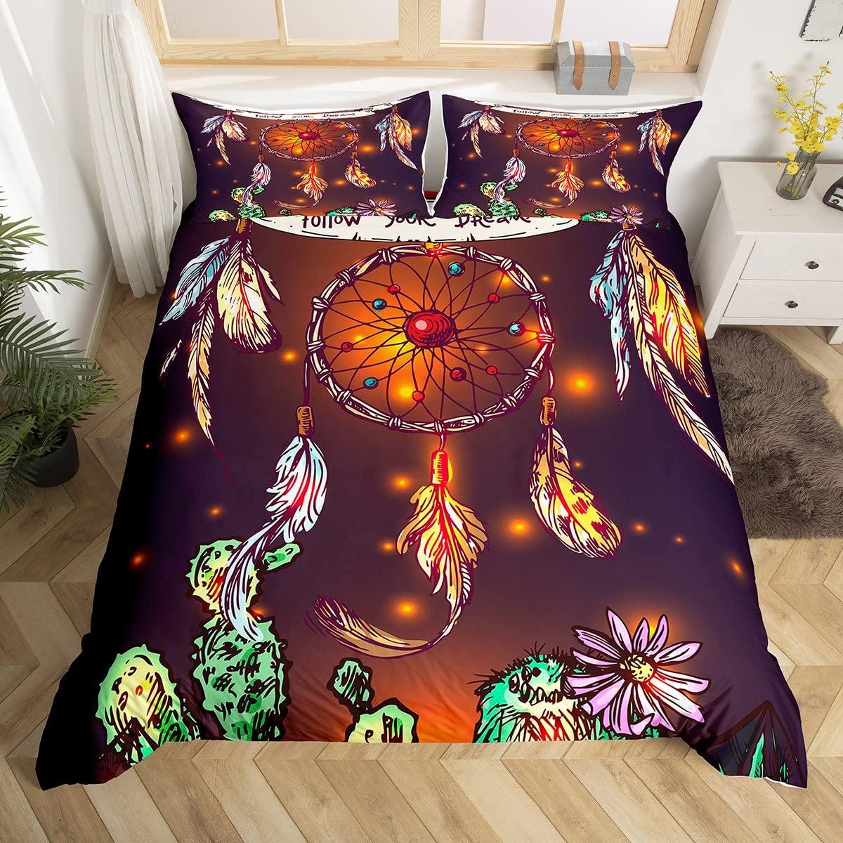 

Bohemian Dreamcatcher Duvet Cover Set Chic Feathers Bedding Set Microfiber Purple Clouds Comforter Cover Twin King For Teen Girl EU Single(135*200cm)3pcs