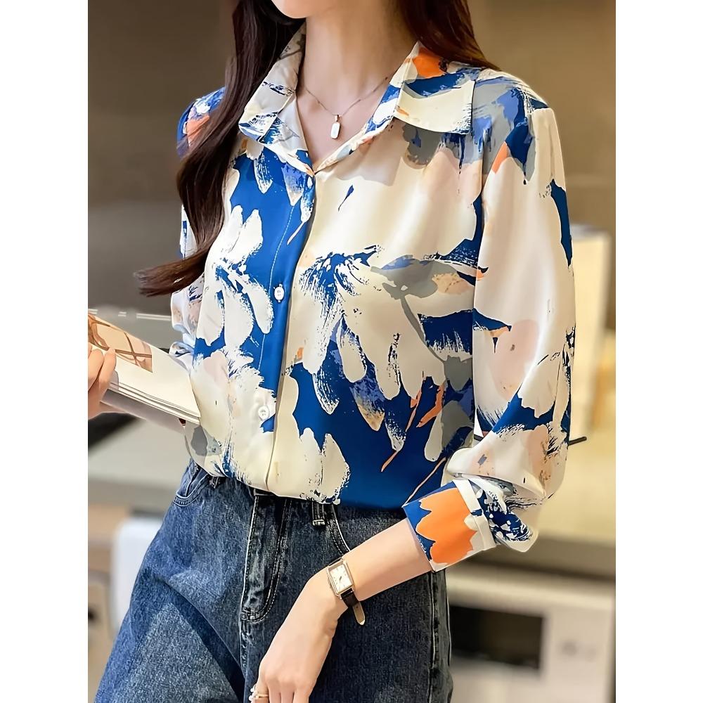 Women's Casual Vacation Style Full Print Long Sleeve Shirt, Spring and Autumn