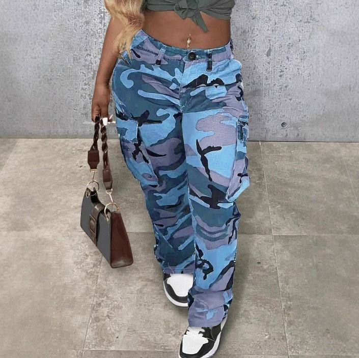 

Новий стиль жіночого вуличного одягу Камуфляжні штани карго з багатьма кишенями Універсальні робочі штани XXL небо синє кольору