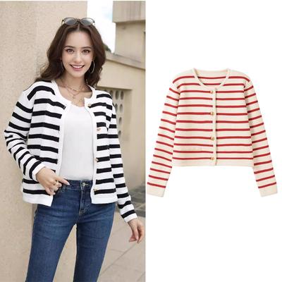 Women Autumn Sweaters O-neck Stripe Knitted Cardigan Fashion Long Sleeve Casual Short Tops Korean Style New Sweater
