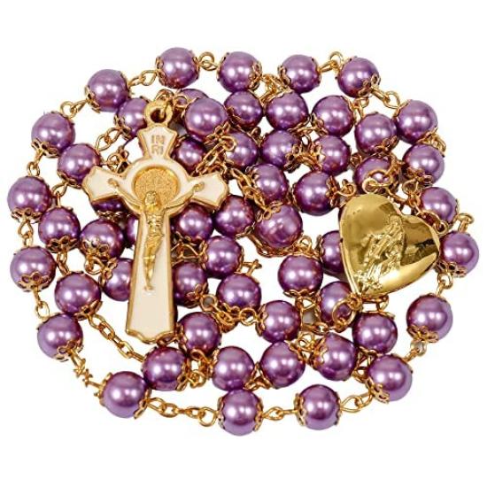 Nazareth Store Purple Pearl 8mm Bead Rosary Necklace Gold Prayer Chaplet Miracle Open Up Locket Centerpiece Medal White Enamel Cross, 2XL, Glass, No