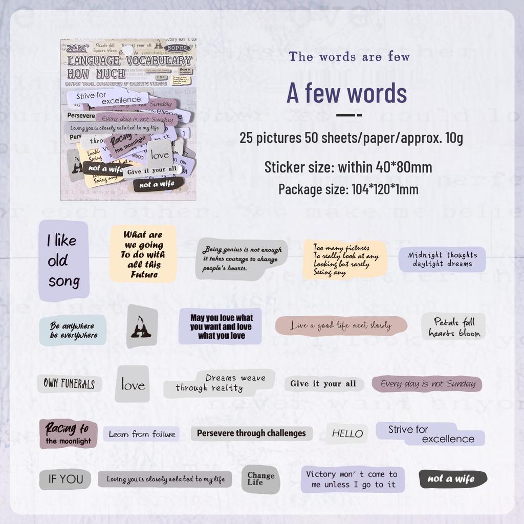 ZABC Far Away Travel Sticker Pack: 50 Retro English Word Sheets, 6 Styles