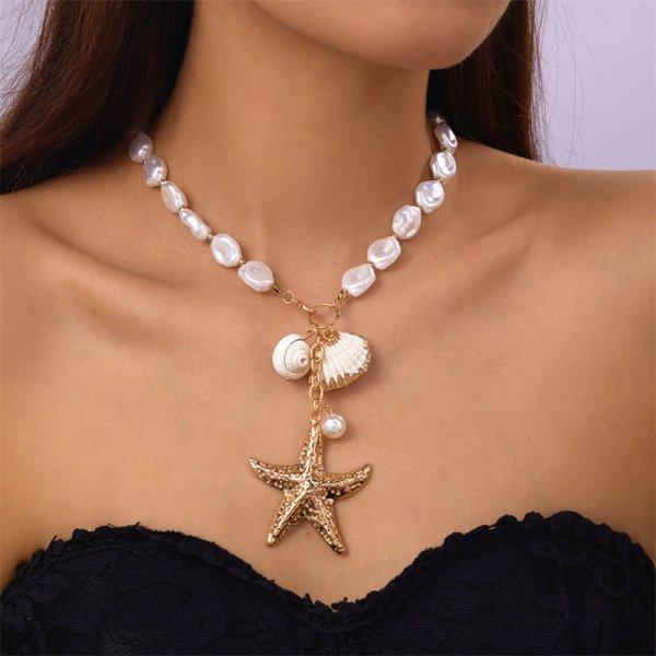 Gold Color Starfish Conch Pendant Necklace For Women Exquisite Imitation Pearl Beads Choker Bohemian Ocean Party Jewelry Gifts