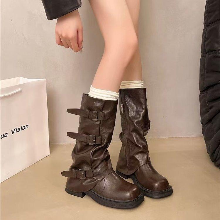Temperament but knee Martin boots women's autumn and winter new long boots thick sole heightened pleated design knight boots