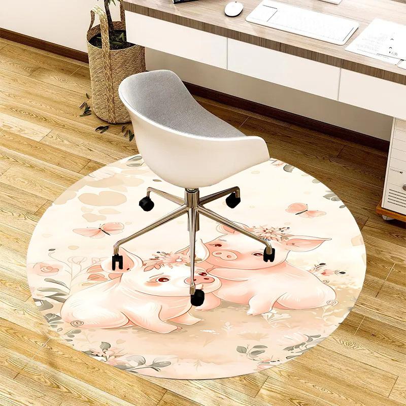 1PC Piglets Flowers Non-Slip Floor Round Carpet, Office, Family, Bedroom, Large Area Rug Indoor Rugs,  Durable Polyester-Z0401