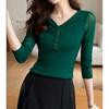 Mesh Long-sleeved T-shirt for Women Spring and Summer New V-neck Tassel Beaded Slim Dance Wear Top
