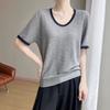 Bamboo-joint Linen Round-neck Contrasting Color Knitted Short-sleeved Summer New Versatile U-neck T-shirt Thin Top