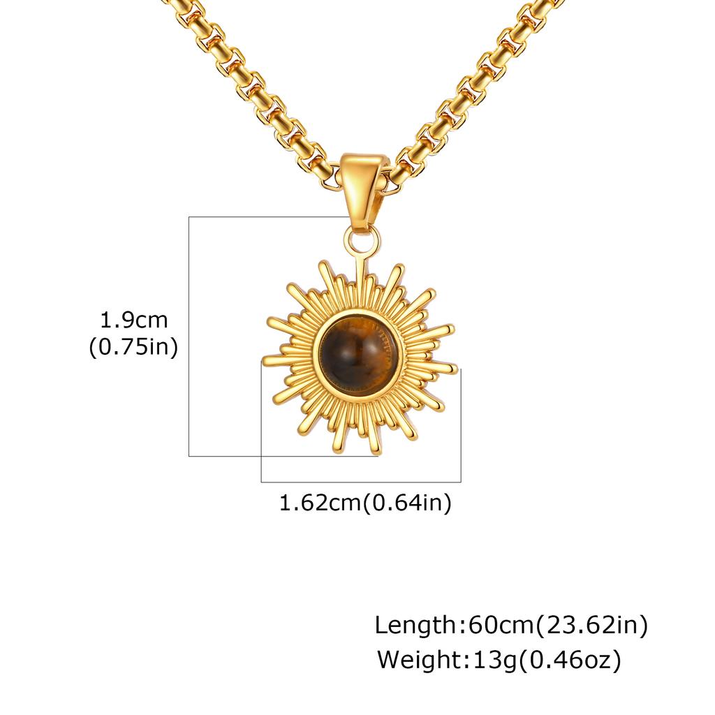 Fashion Sun Tiger Eye Nature Stone Pendant Necklace for Men, Silver Color Stainless Steel Necklace, Punk Personalized Jewelry